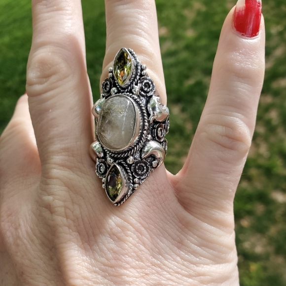New Golden Rutile and Citrine Crescent Moon 925 Silver Statement Ring. - Picture 3 of 16